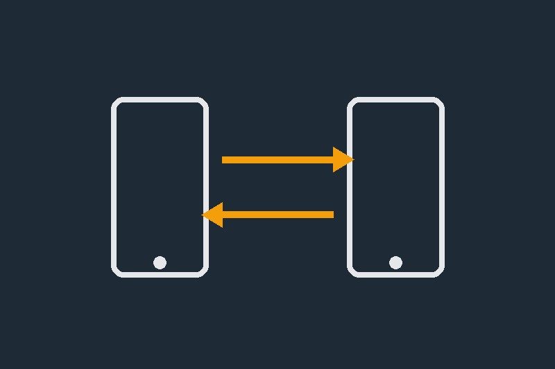 Simple graphic of two phones with arrows passing money between them