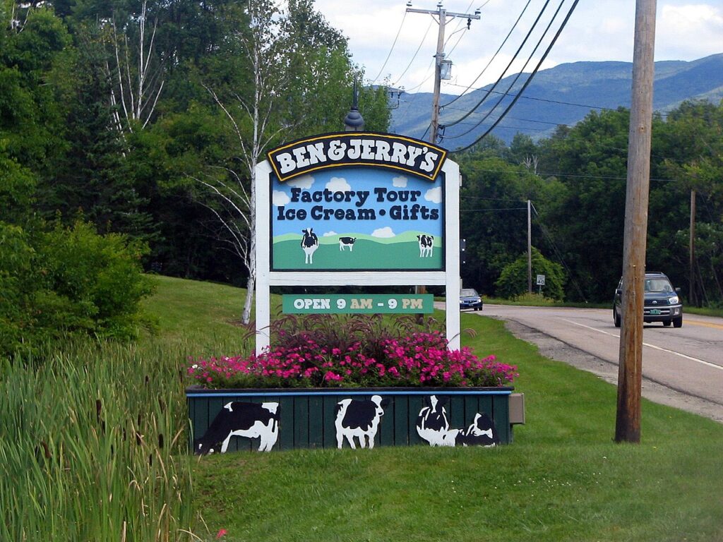 The sign at the Ben & Jerry's factory in Waterbury, Vermont