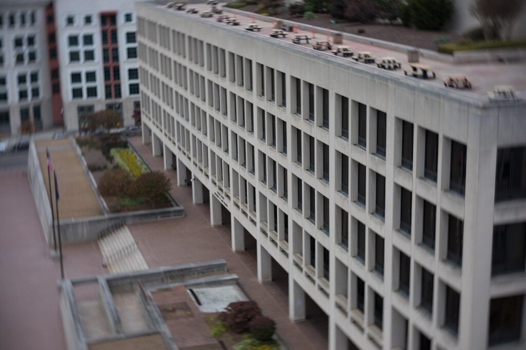 The Frances Perkins Building, headquarters of the U.S. Department of Labor in Washington, D.C., seen from above