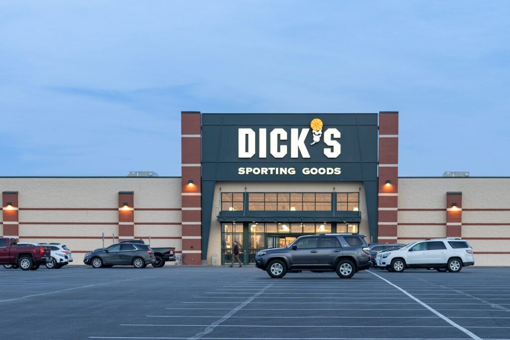 Front of the Dick's Sporting Goods store in Davenport, Iowa, at dusk