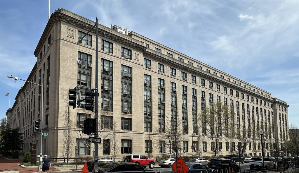 The U.S. General Services Administration Building, a long stone office building in Washington, D.C.