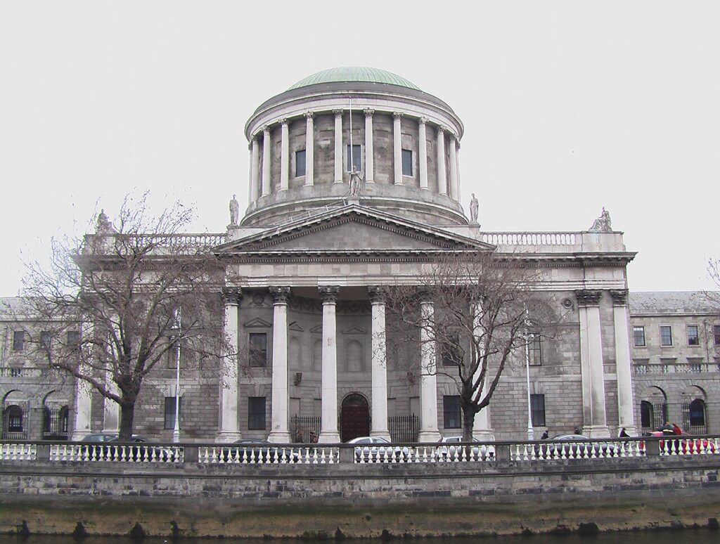 The Four Courts building on Inns Quay, Dublin, seen from the front across the River Liffey
