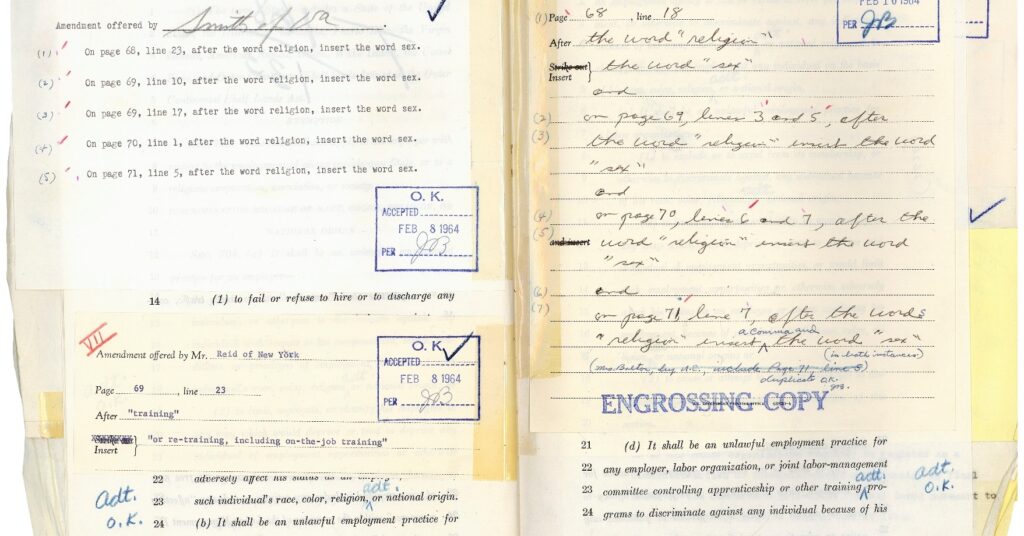 Pages from the House's 1964 engrossing copy of the Civil Rights Act, with typed and handwritten amendments stamped "O.K. Accepted" beside Title VII text on unlawful employment practices.
