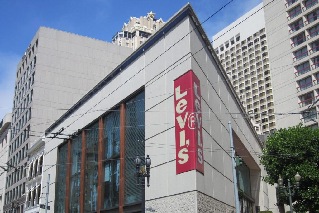 Levi's flagship store building with a tall red Levi's sign near Union Square in San Francisco