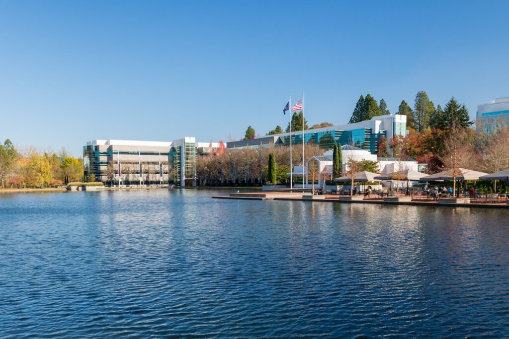 Office buildings on the Nike campus in Beaverton, Oregon, seen across a lake