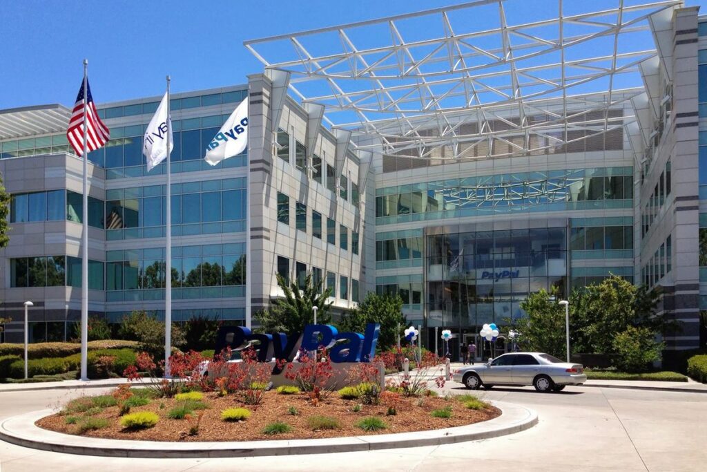 PayPal headquarters building and PayPal sign on North First Street in San Jose, California