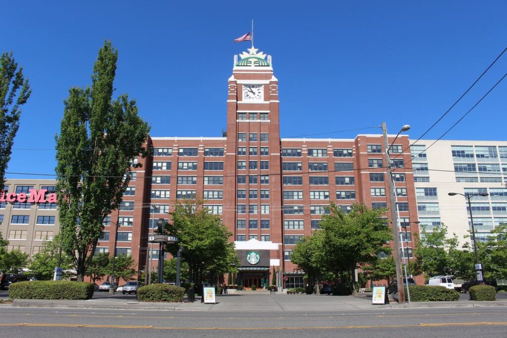Starbucks Center, the company's headquarters building with a clock tower, in Seattle, Washington
