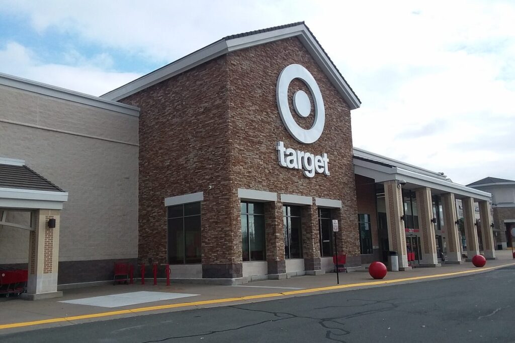 Brick entrance of a Target store with the bullseye logo in Northern Virginia